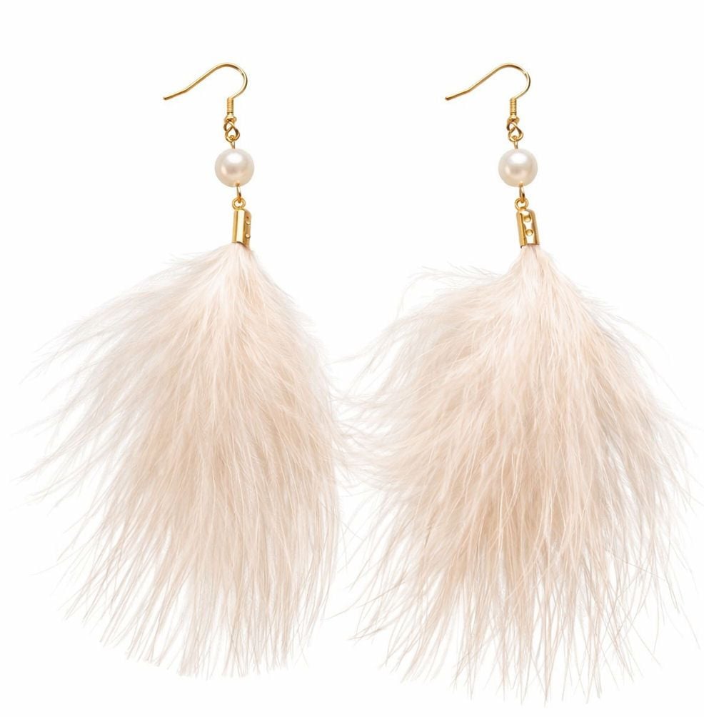 Champagne Feather Earrings with Gold Hooks and Faux Pearl Detail