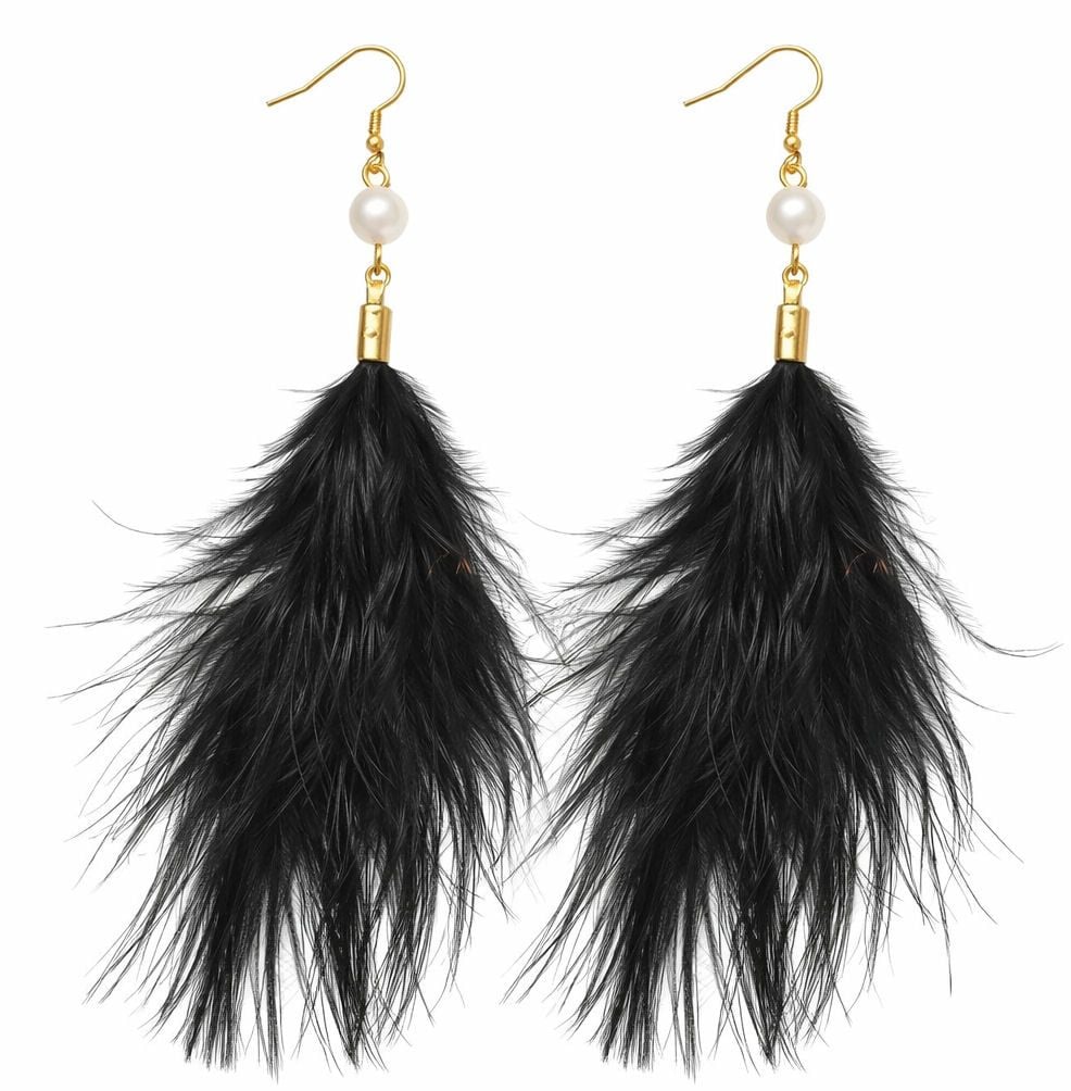 Black Feather Earrings with Gold Hooks and Faux Pearl Detail