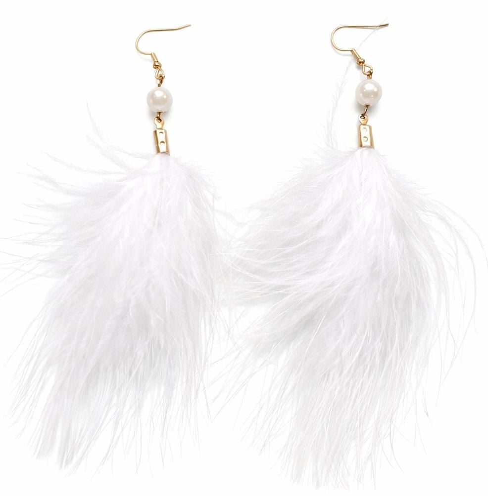 White Feather Drop Earrings with Gold Hooks and Pearl Accent
