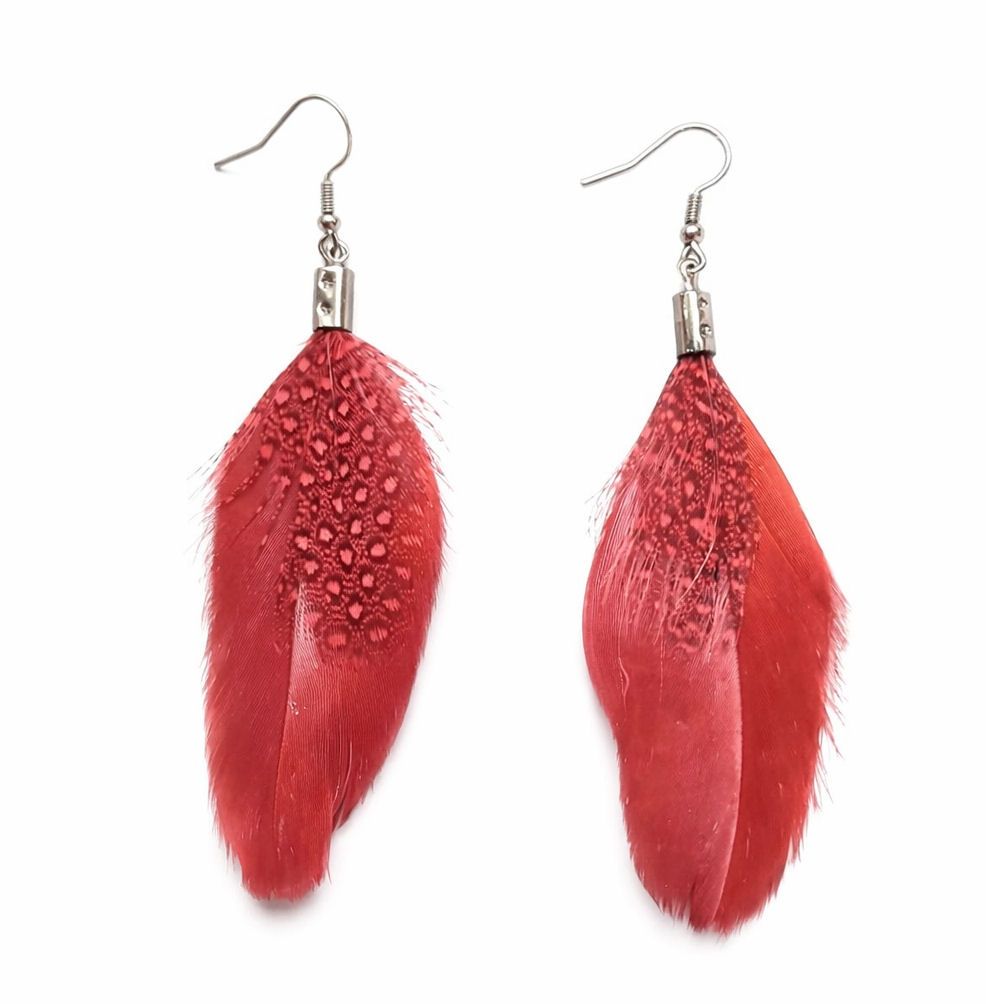 Burgundy Feather Earrings with Guinea&acirc;&macr;Fowl&acirc;&macr;Accent