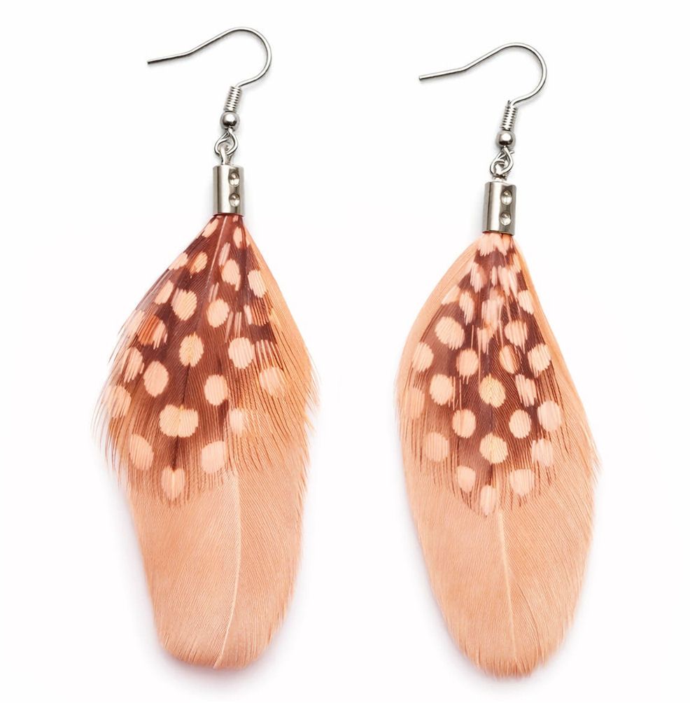 Dusky Peach Feather Earrings with Guinea Feather Accent