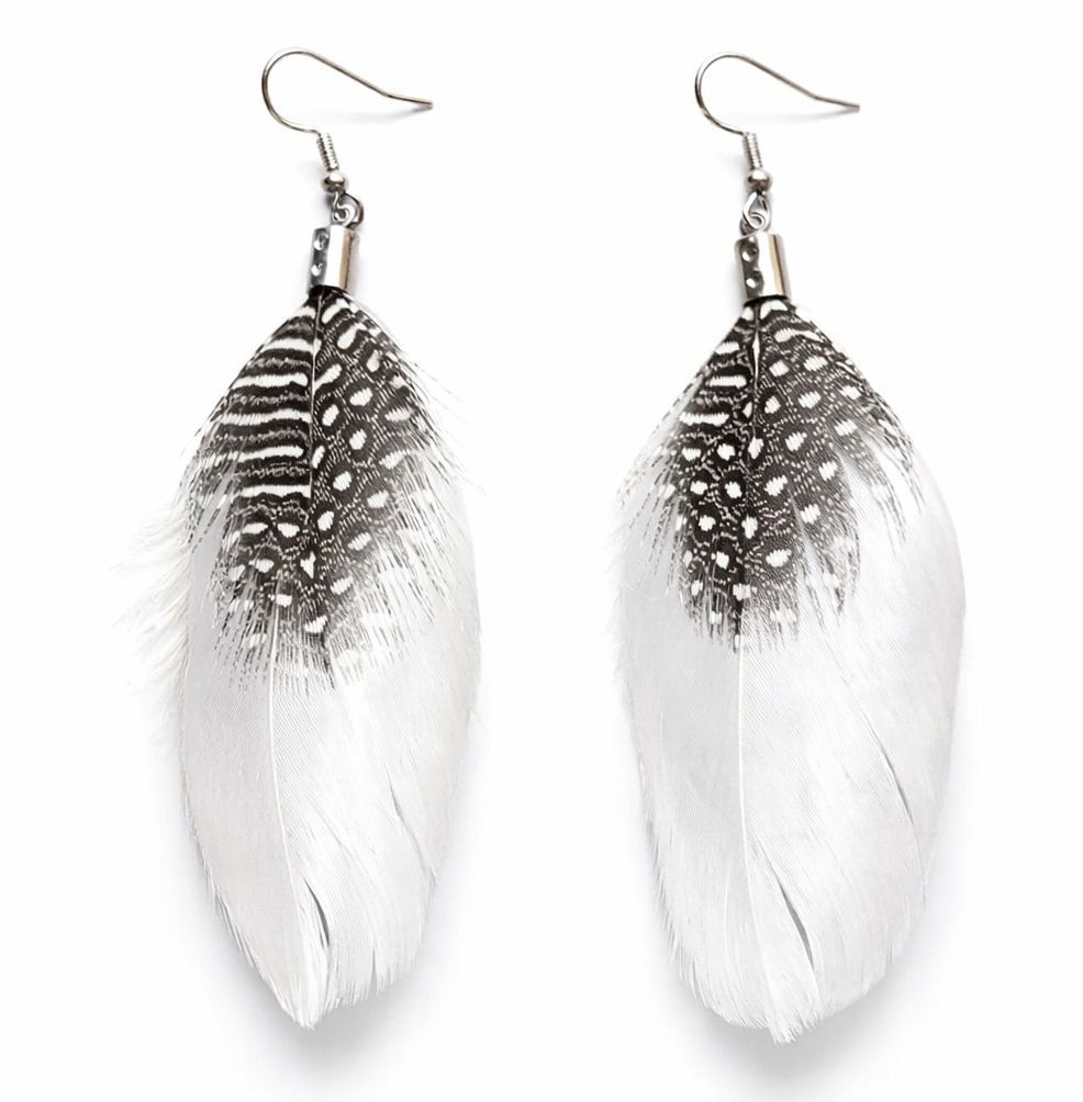 Silver Grey Goose Feather Earrings with Spotty Guinea Feather
