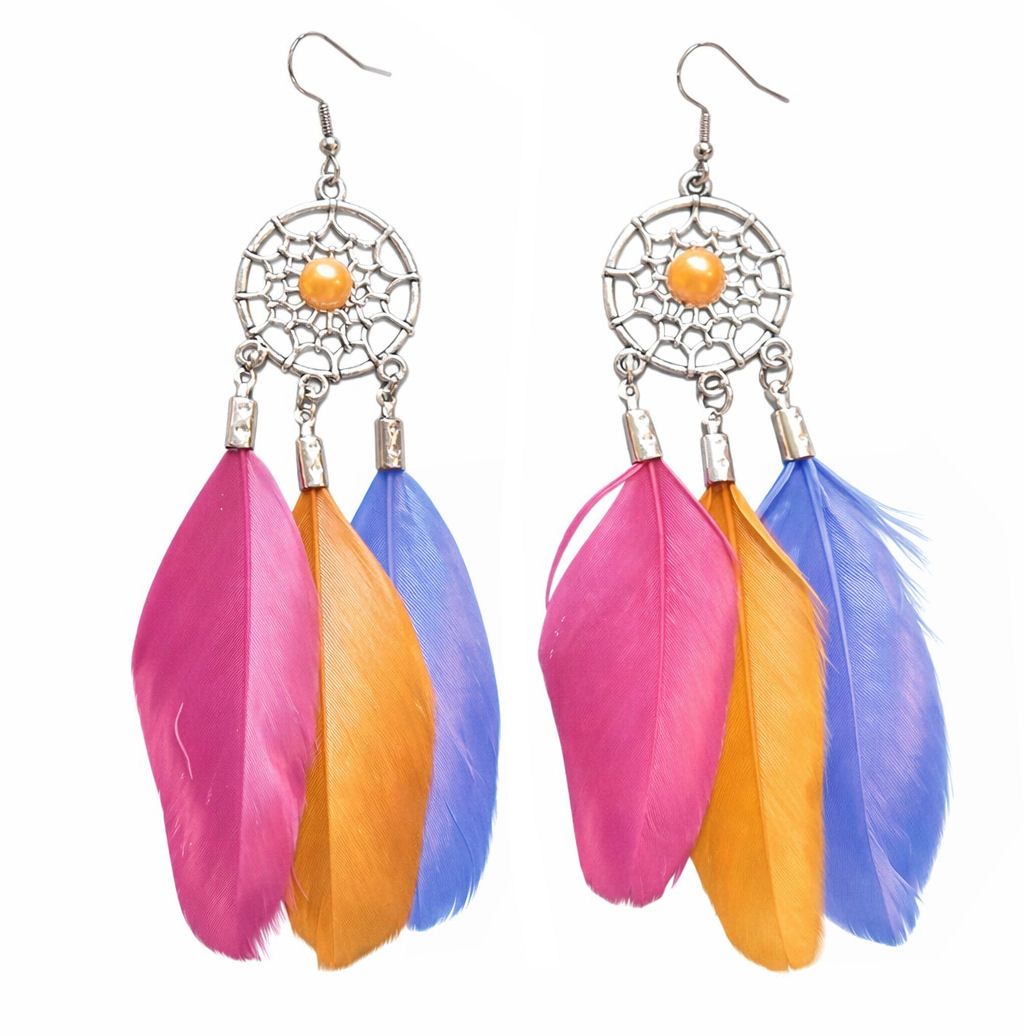 Dark Pink, Mango and Cornflower Blue Feather Earrings