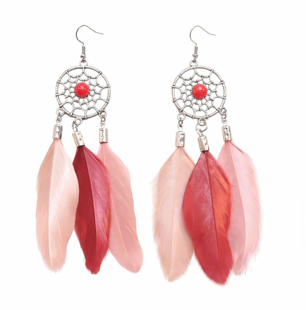 Dusky Red, Peach & Pink Feather Earrings &ndash; Handmade Boho Jewelry with Silver Hooks