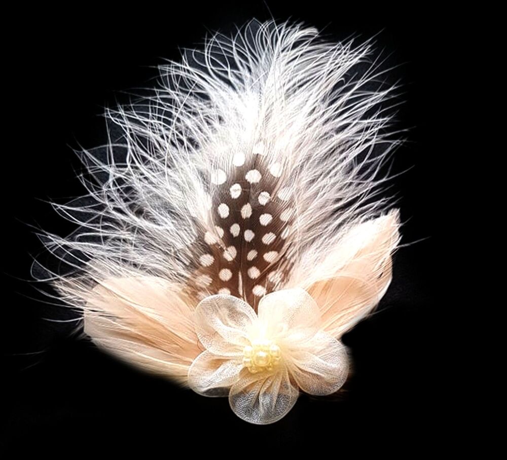 Cream, Beige Champagne Feather Hair Clip with Marabou and Guinea Feathers