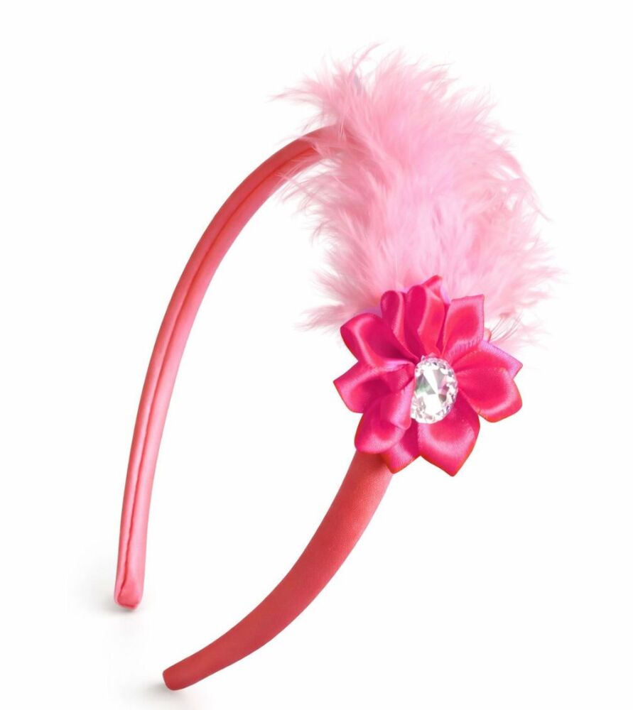 Bright Pink Satin Flower Headband with Feather Accent and Rhinestone Center