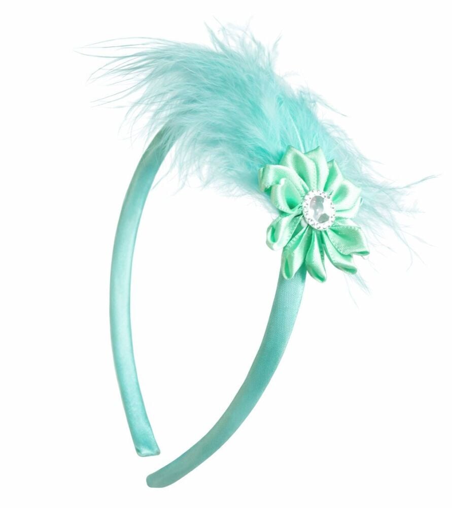 Mint Green Feather & Satin Flower Headband &ndash; Handmade Accessory with Rhinestone Detail