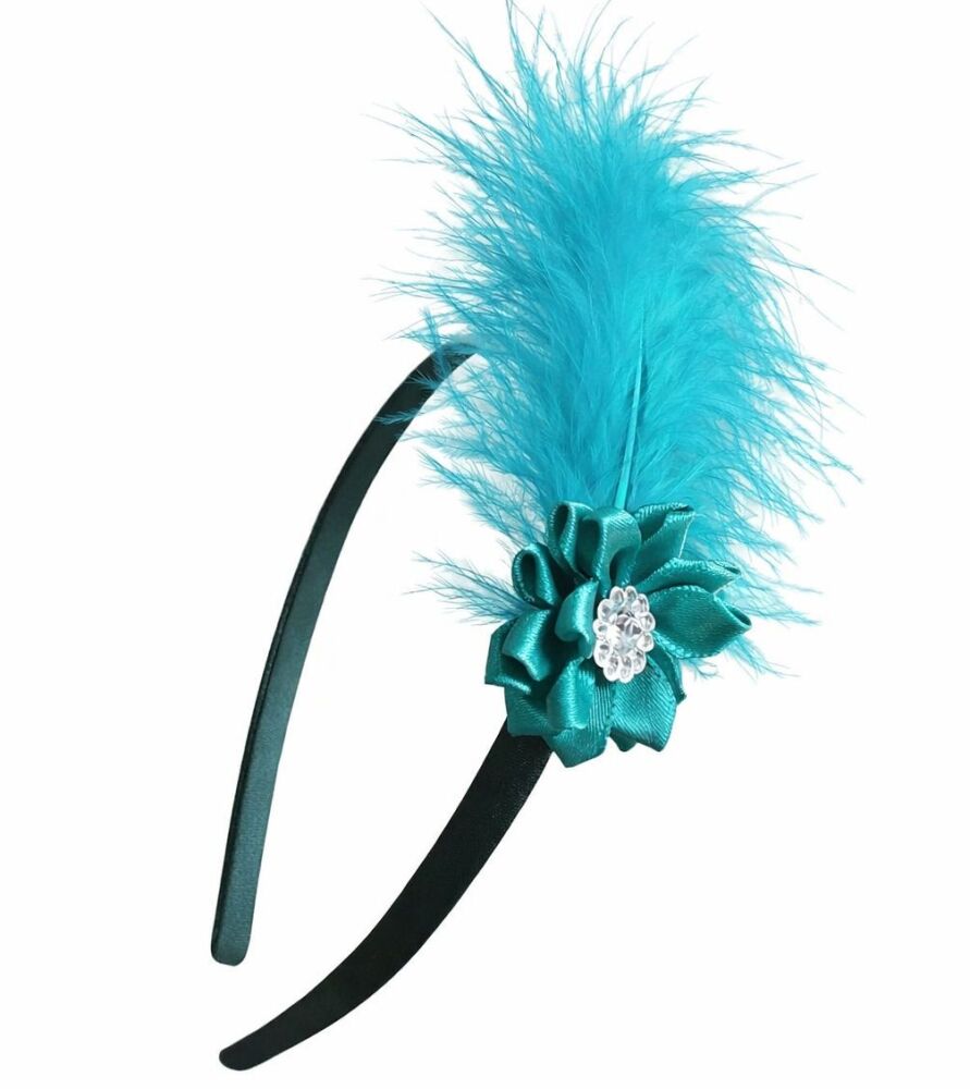 Dark Green Headband with Teal Satin Flower & Deep Turquoise Marabou Feather &ndash; Handmade Accessory