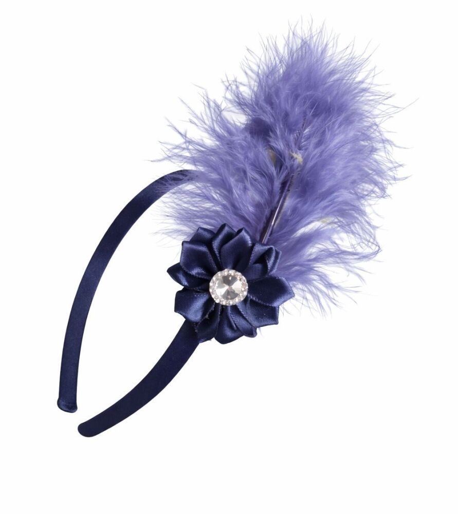 Navy Blue Headband with Marabou Feather and Satin Flower &ndash; Rhinestone Accent