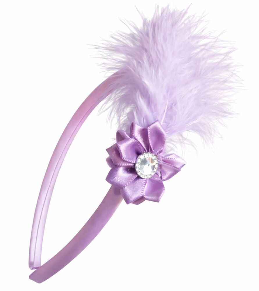 Lavender Headband with Lilac Marabou Feather and Satin Flower Rhinestone Detail