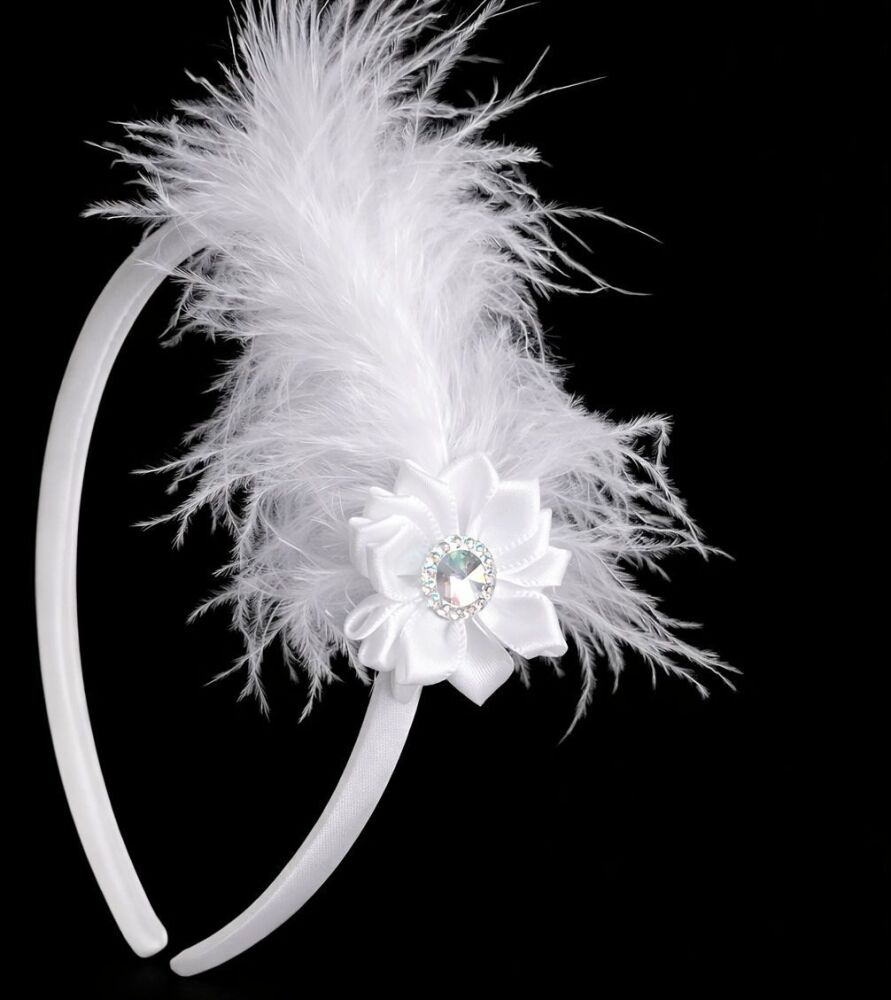 White Satin Flower Headband with Marabou Feather &ndash; Elegant Hair Accessory for Weddings & Special Occasions