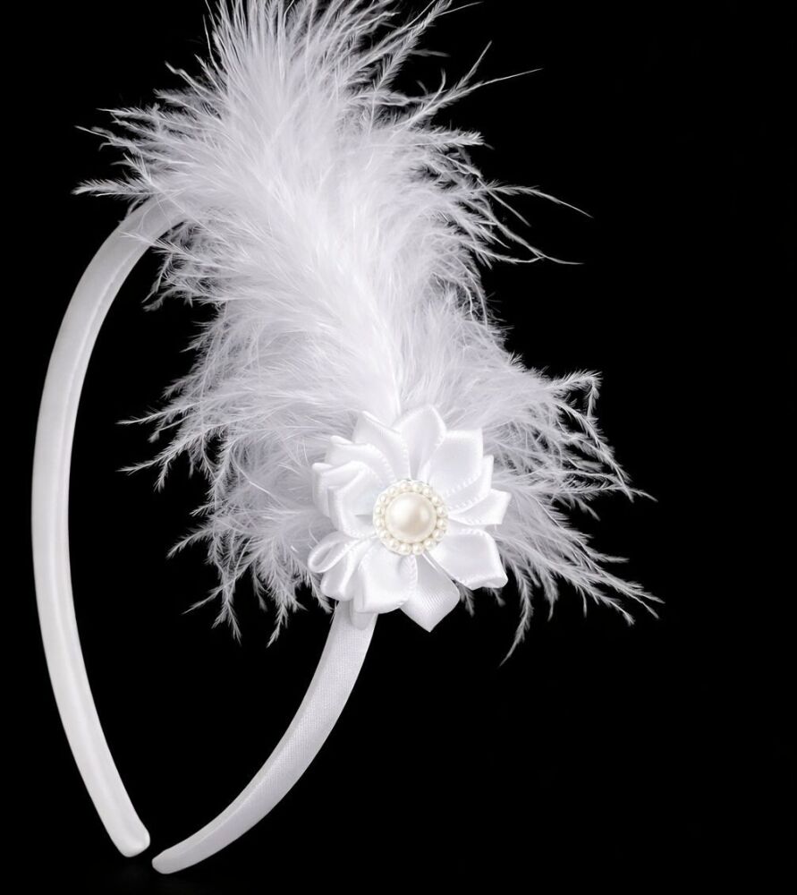 White Satin Flower Headband with Pearl Centre and Marabou Feather Accent