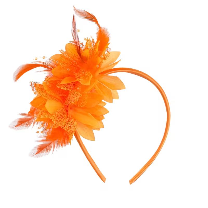 Orange Feather and Flower Fascinator Headband