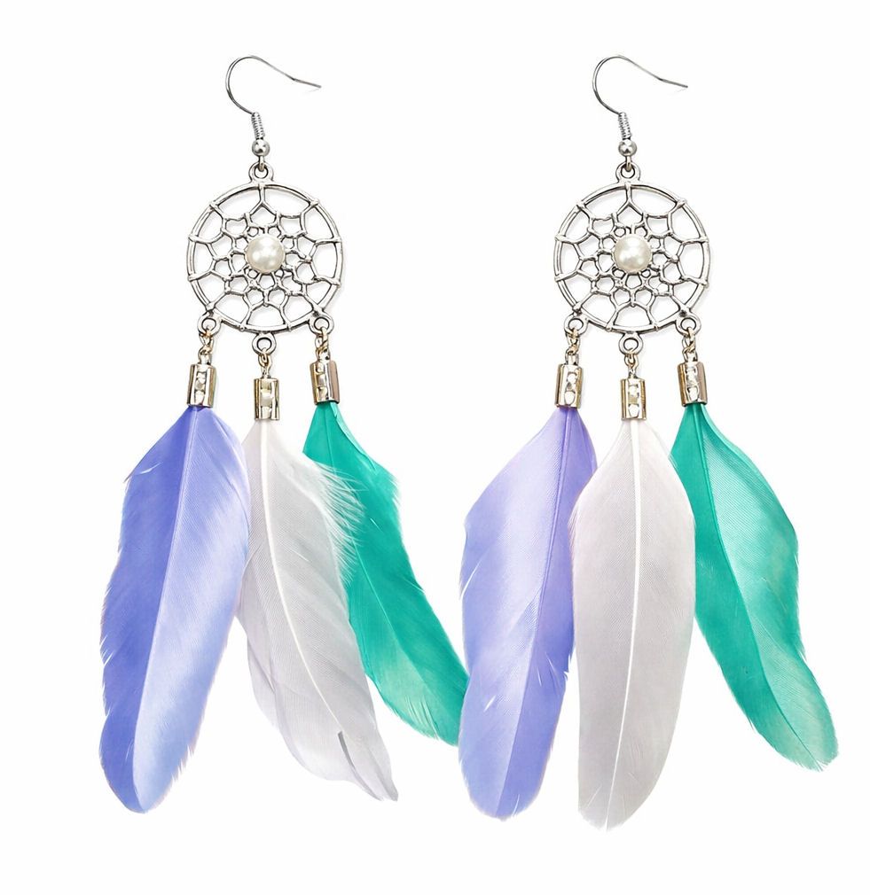 Cornflower Blue, Silver and Jade Green Feather Earrings