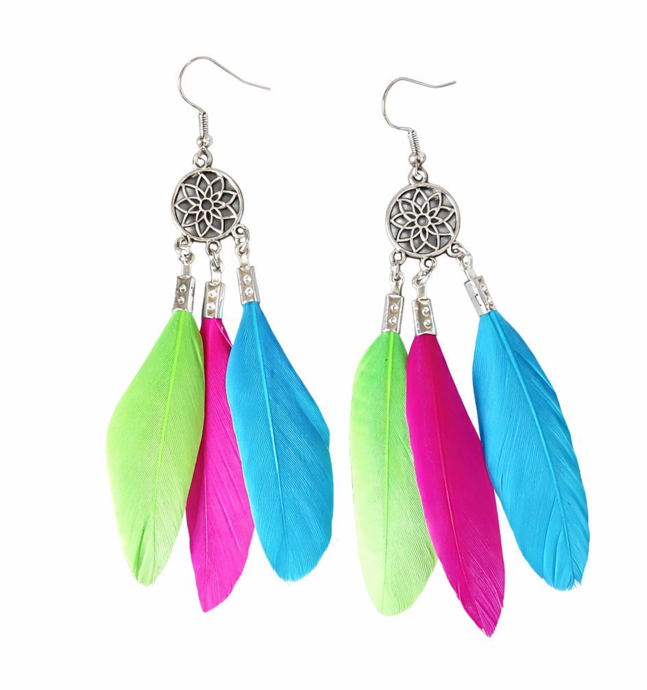 Lime Green, Aqua Blue and Shocking Pink Feather Earrings with Silver Accents
