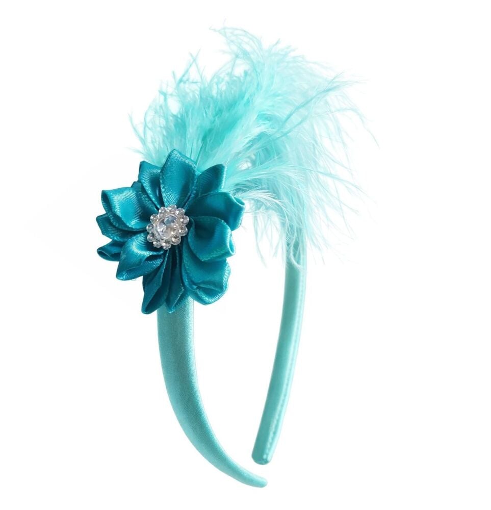 Mint Green and Jade Green Feather & Satin Flower Headband