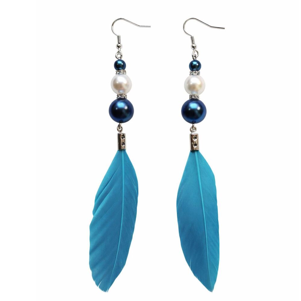 Aqua Blue Feather Drop Earrings with Pearl and Blue Beads