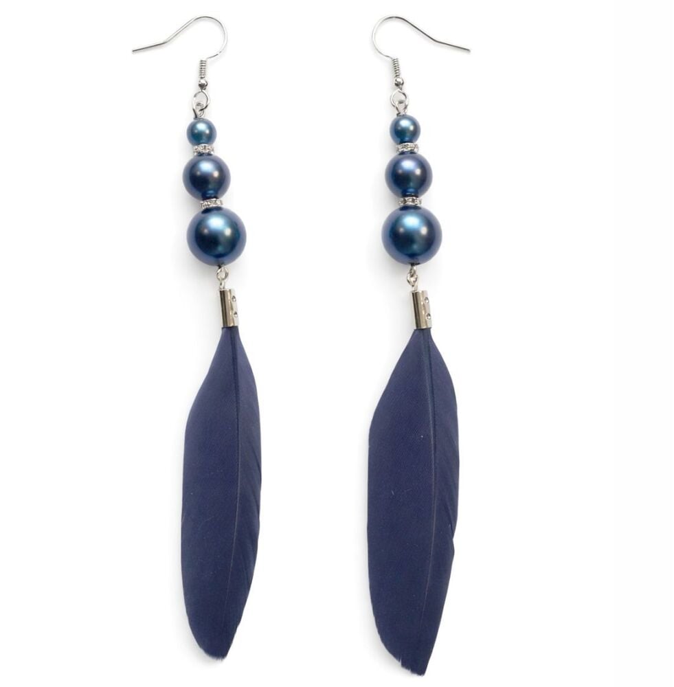 Navy Blue Feather Dangle Earrings with Iridescent Beads