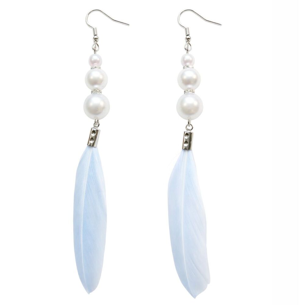 Light Blue Feather and Pearl Drop Earrings &ndash; Handmade Boho Chic