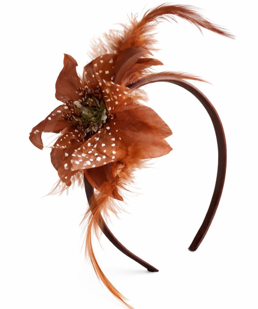 Brown Feather & Polka&acirc;Dot Organza Headband &ndash; Elegant Handmade Accessory