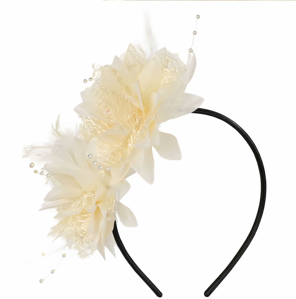 Ivory Lace and Flower Feather Corsage Headband &ndash; Elegant Handmade Accessory