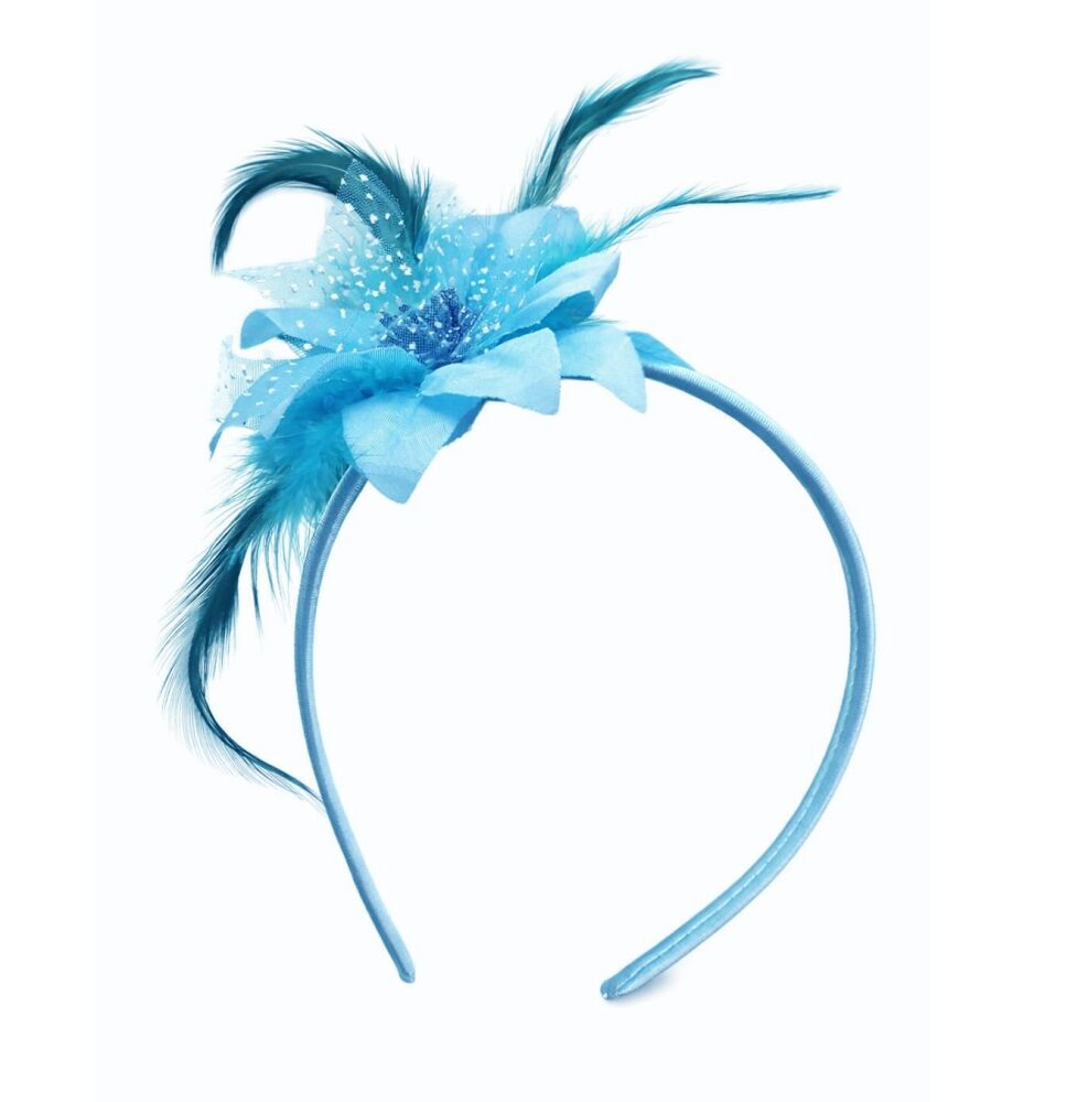 Turquoise Aqua Blue Feather Headband with Teal Flower and Glitter Mesh &ndash; Handmade Accessory