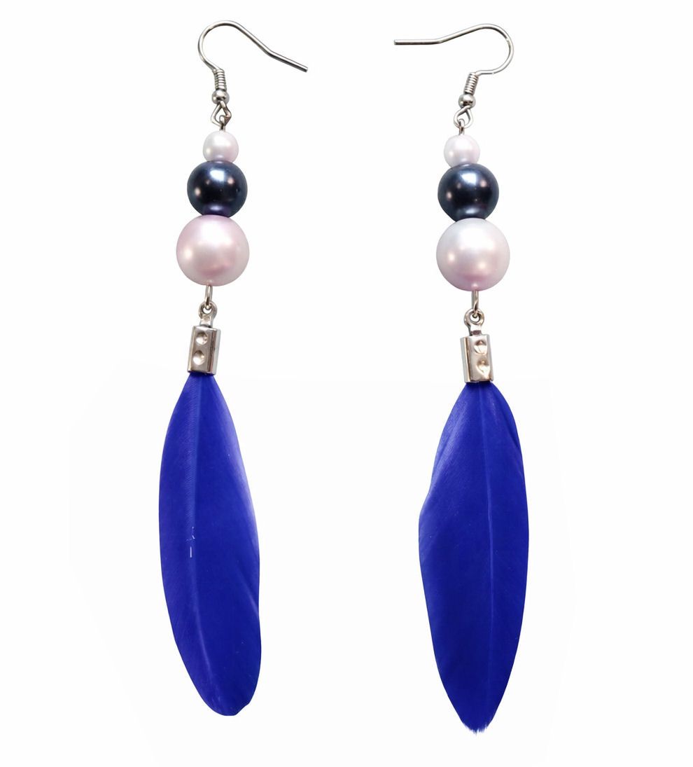 Royal Blue Feather Earrings with White & Navy Pearlescent Beads &ndash; Handmade Boho Jewelry
