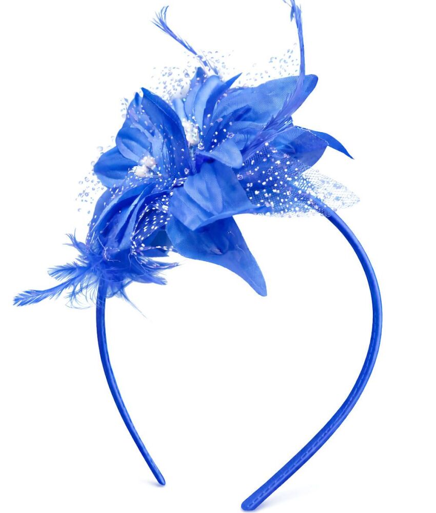 Royal Blue Floral Feather Headband &ndash; Elegant Handmade Accessory for Weddings, Parties & Occasions