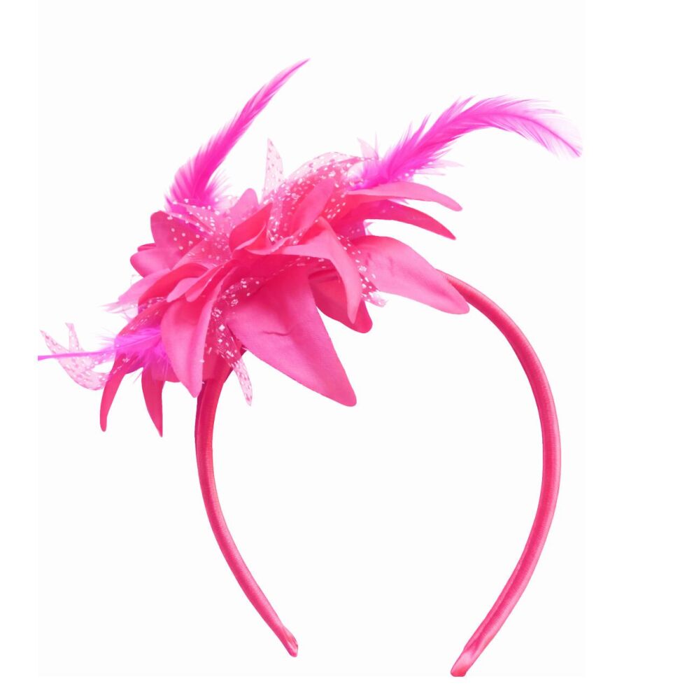 Shocking Pink Feather & Flower Headband &ndash; Adjustable Position Design