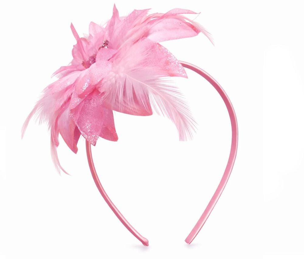Candy Pink Feather Corsage Headband &ndash; Handmade Glitter Flower Accessory