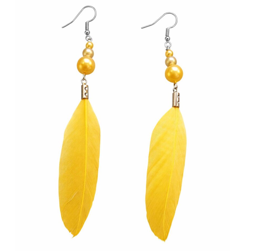 Golden Yellow Feather Drop Earrings with Golden Beads &ndash; Handmade Boho Style