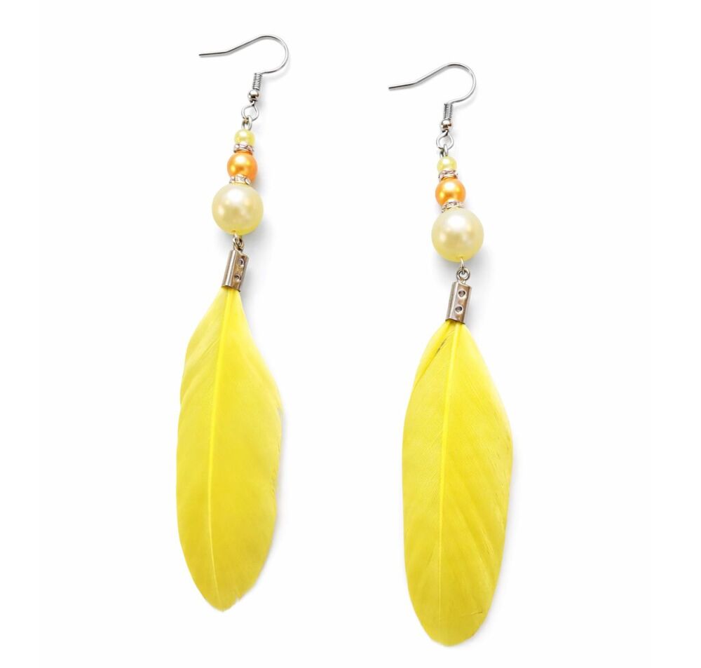 Yellow Feather Drop Earrings with Beads &ndash; Handmade Boho Style