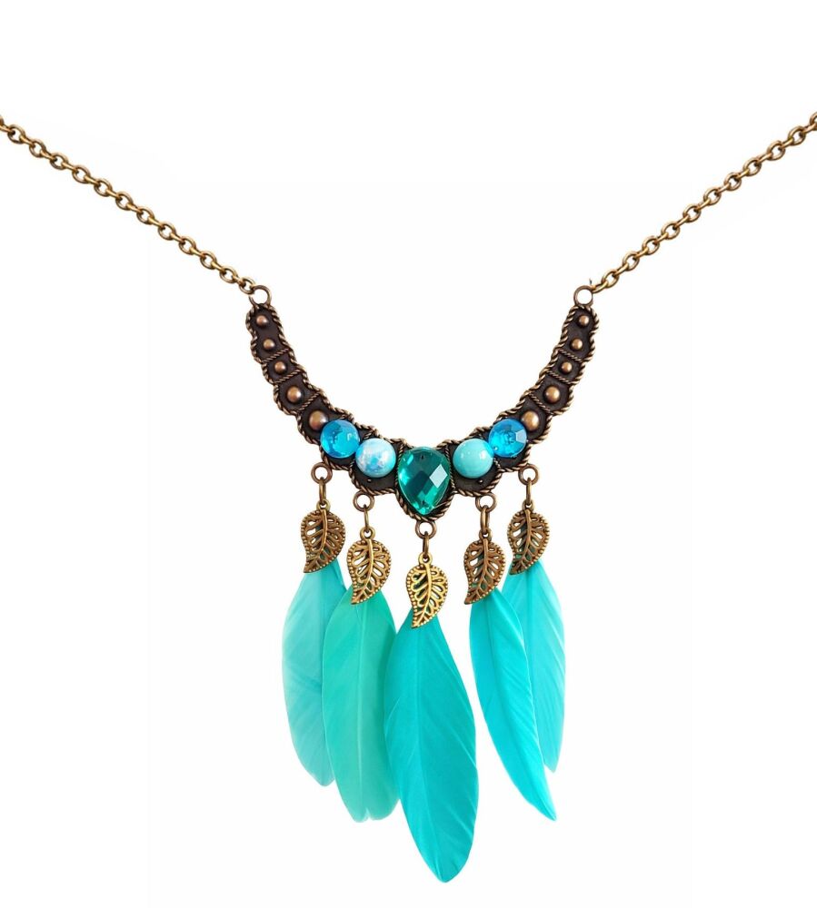 Turquoise & Mint Feather Necklace with Bronze Leaf Charms