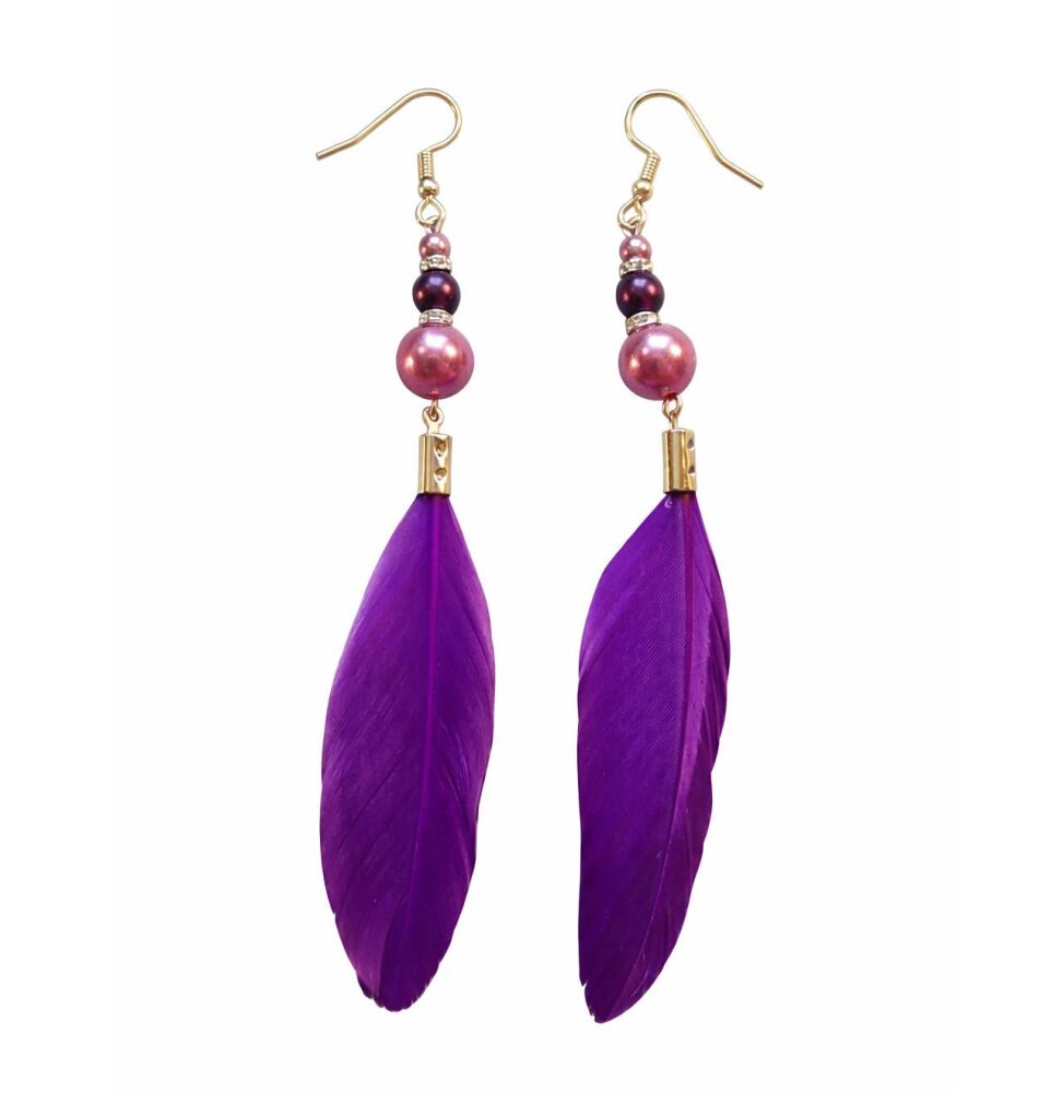 Purple Feather Drop Earrings with Plum and Purple Beads