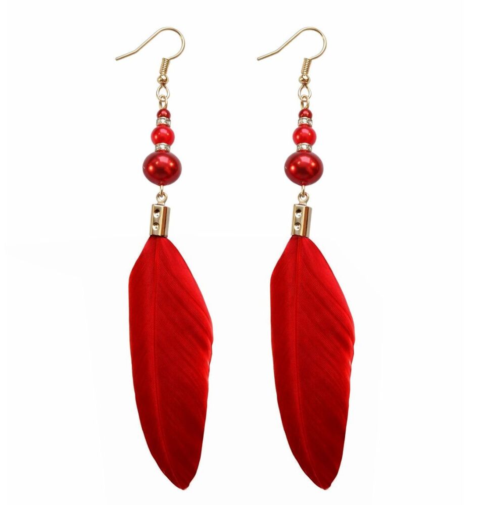 Burgundy Feather Drop Earrings with Pearl Red Beads