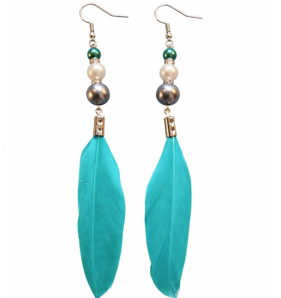 Jade Green Feather Drop Earrings with Pearl Beads