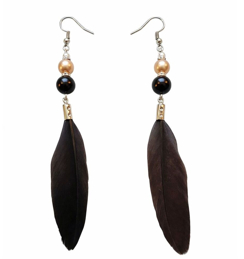 Black Feather Drop Earrings with Pearl Beads