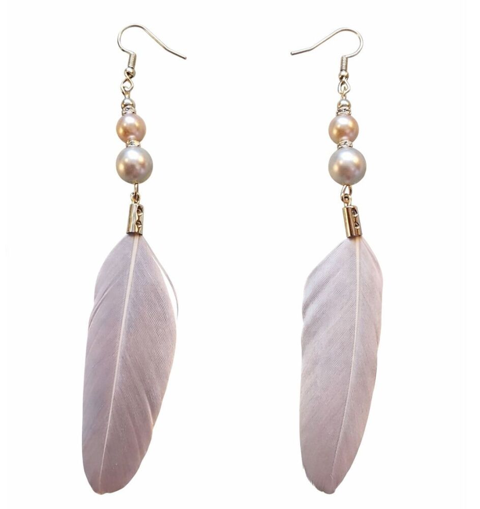 Silver Grey Feather Drop Earrings with Pearl Beads