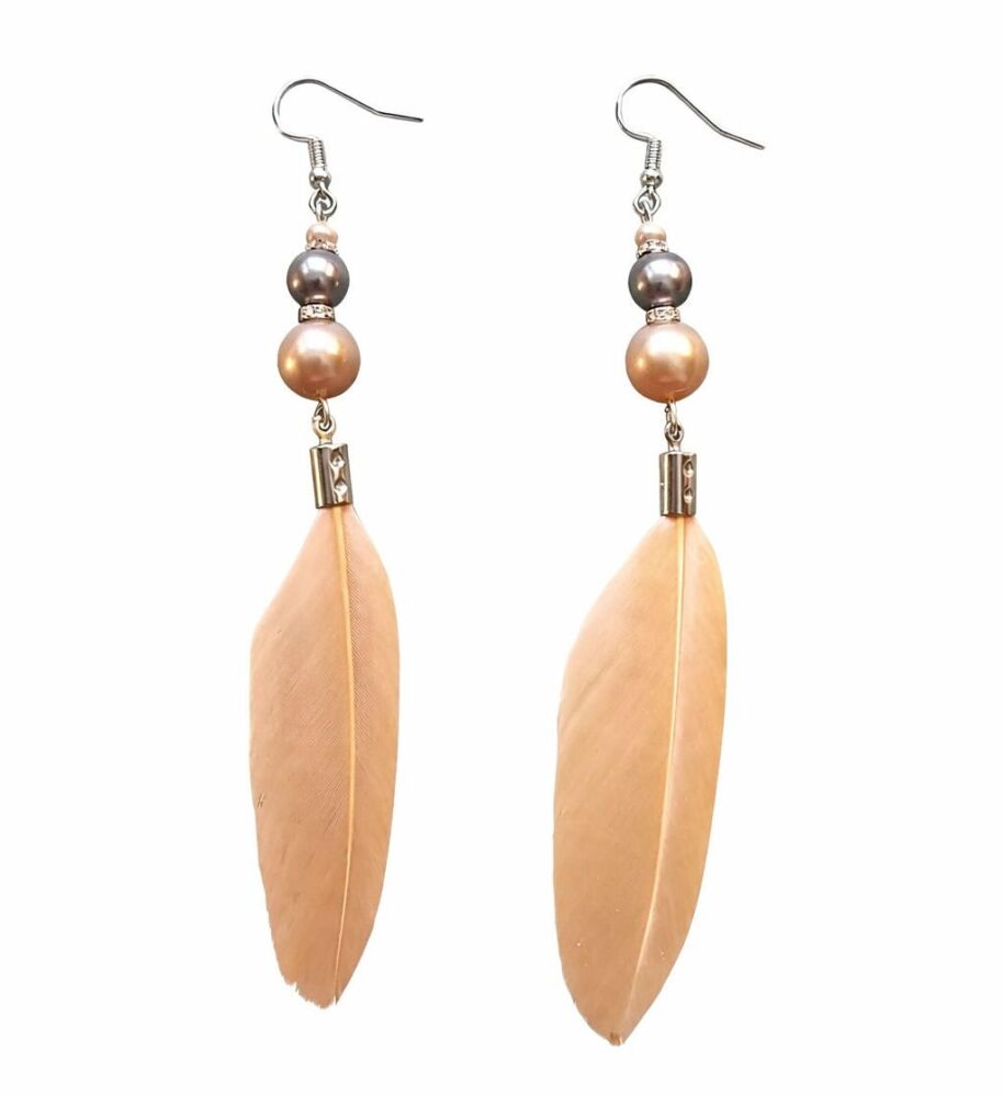 Beige Feather Drop Earrings with Pearl Beads