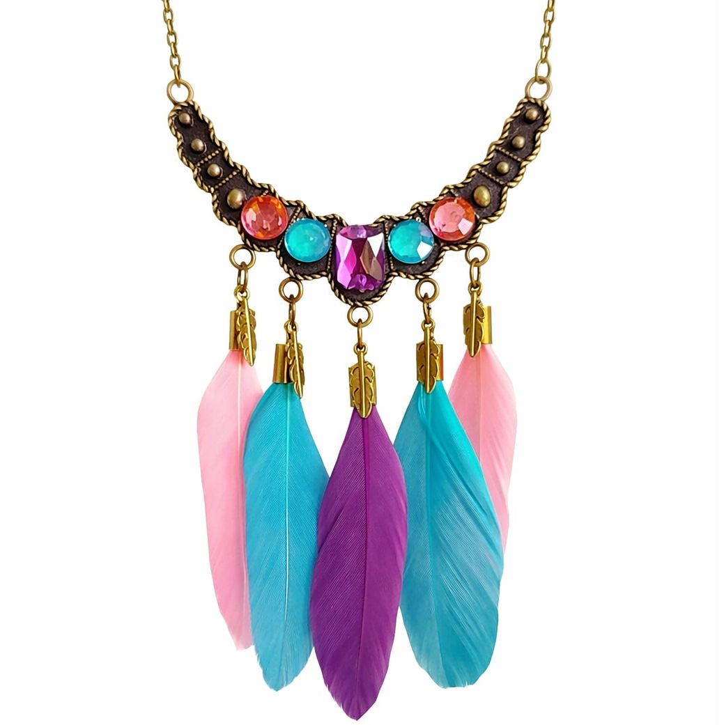 Blue, Pink and Purple Feather Charm Necklace &ndash; Boho Tribal Style