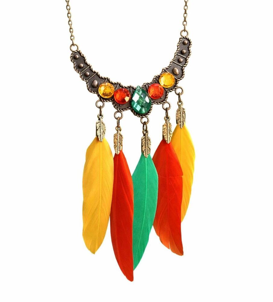 Green, Red and Yellow Feather Charm Necklace &ndash; Boho Tribal Style