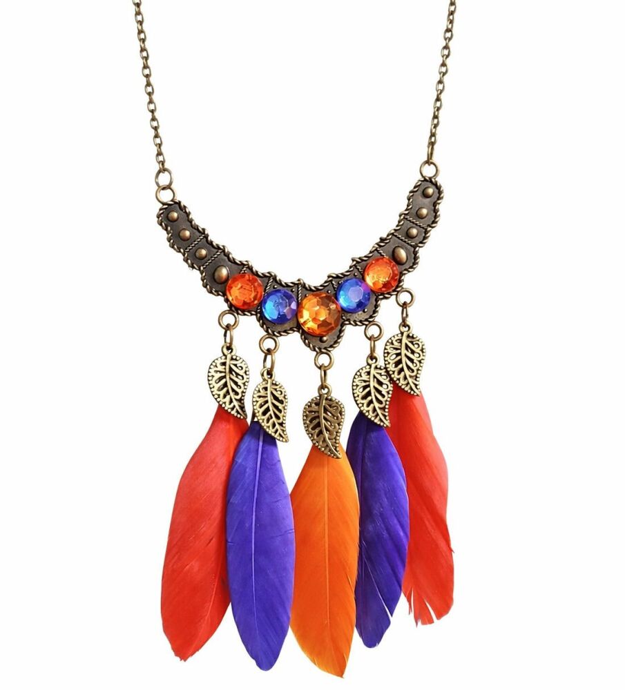 Orange, Royal Blue and Coral Feather Charm Necklace &ndash; Boho Tribal Style