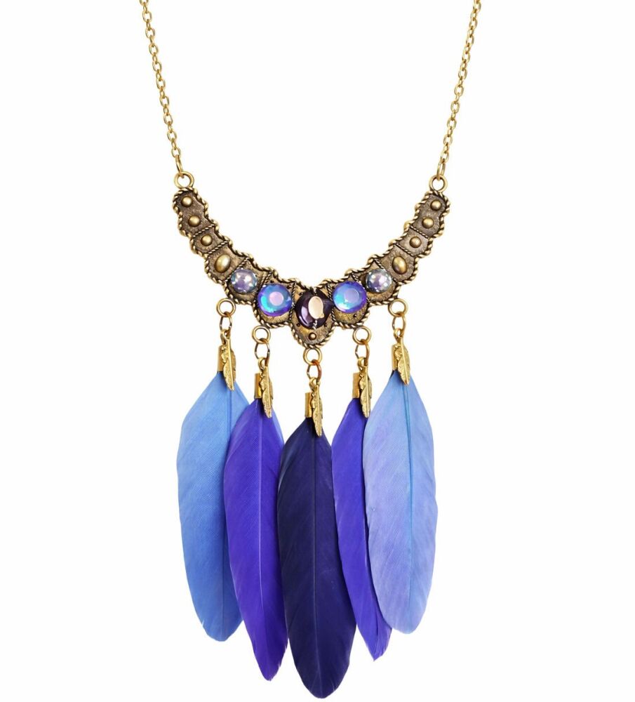 Bohemian Bronze Feather Necklace with Blue Gemstones