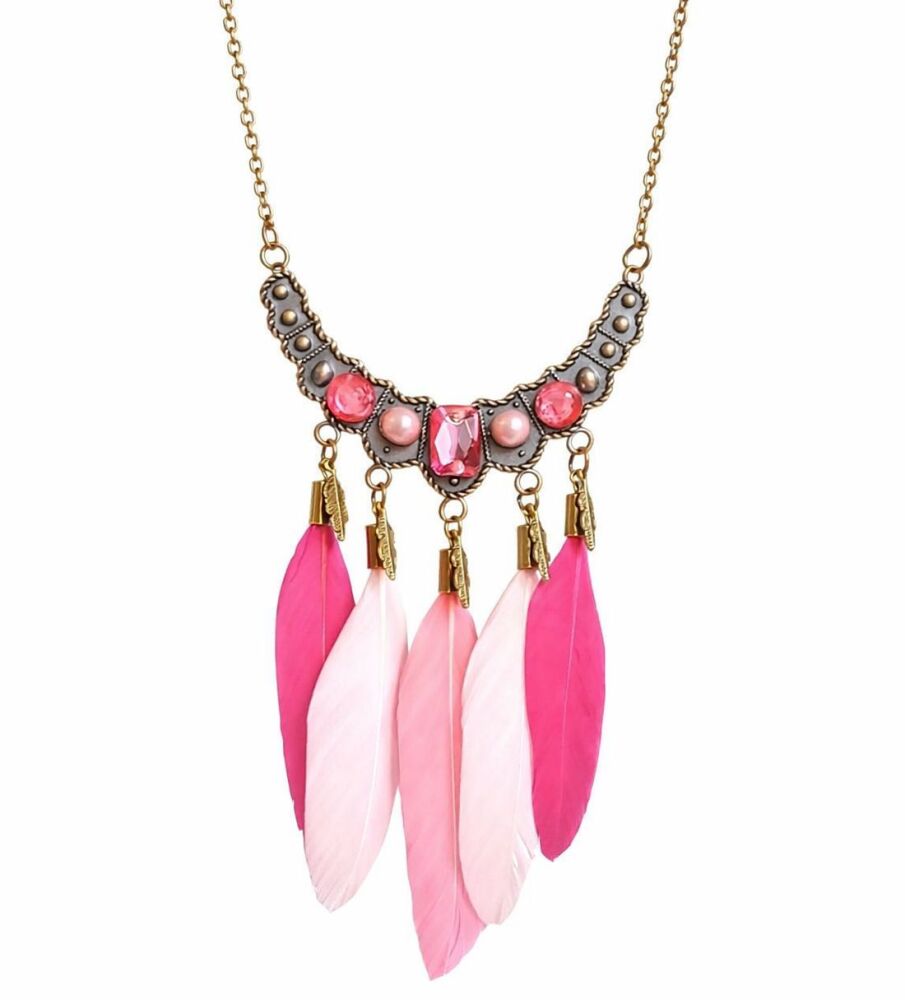 Boho Feather Necklace with Pink Gemstones and Bronze Crescent Pendant