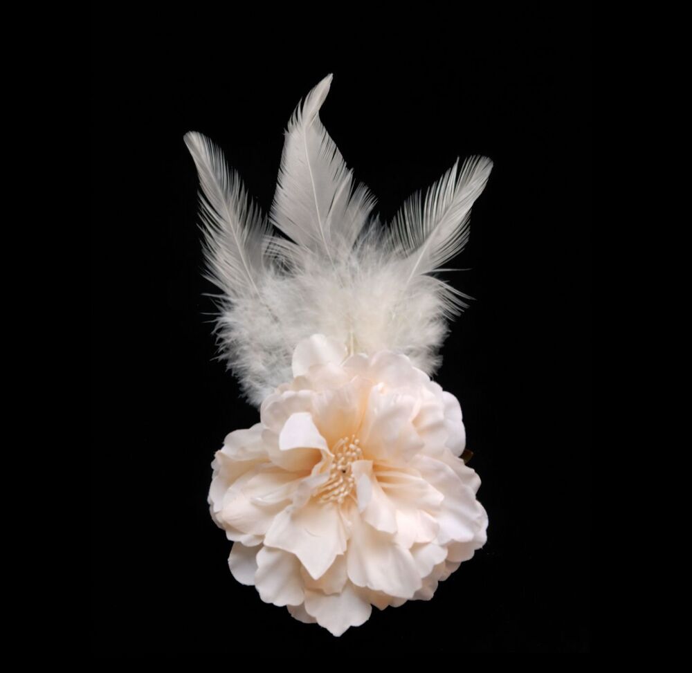 Ivory Flower & Feather Clip &ndash; Dual Hairpiece or Brooch Wearable