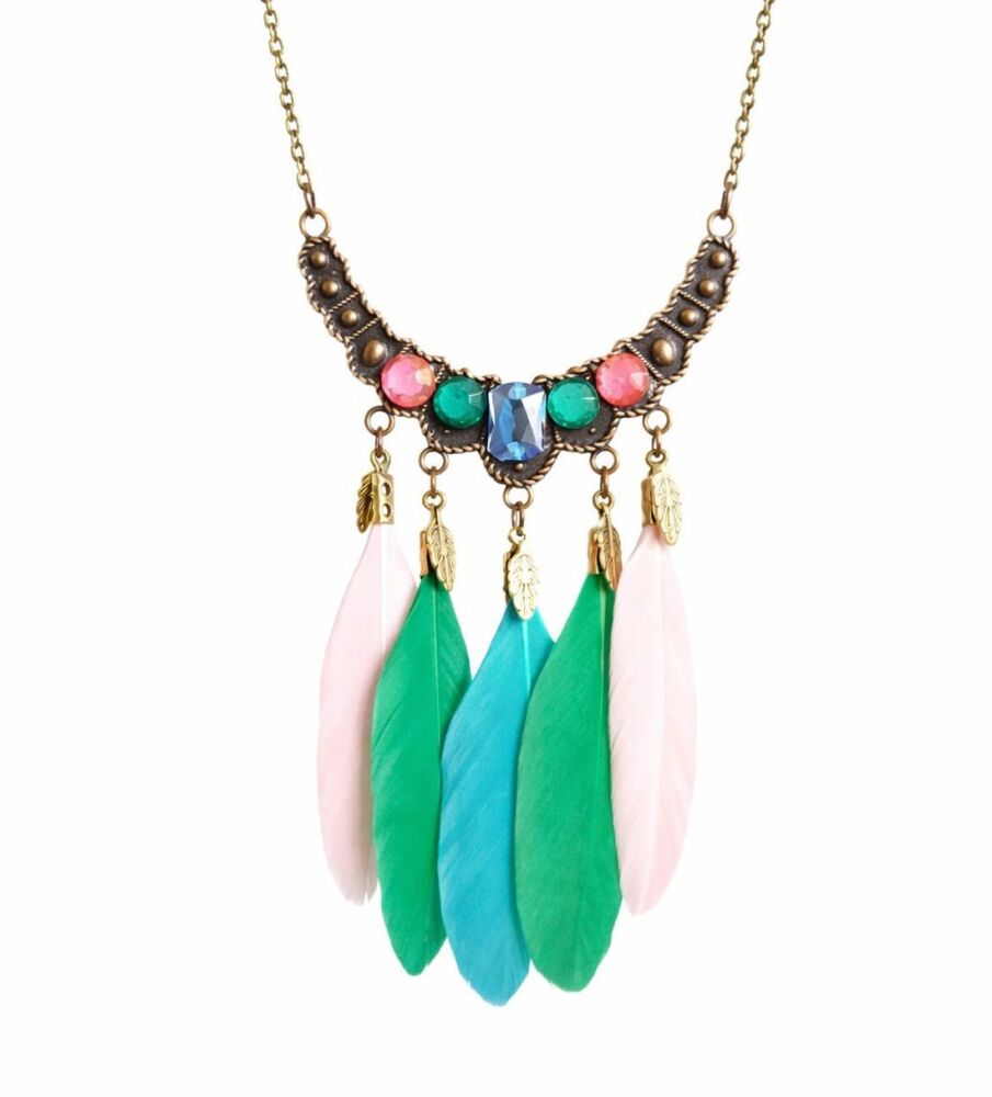 Boho Feather Necklace &ndash; Baby Pink, Green & Aqua Blue Feather and Bronze Pendant