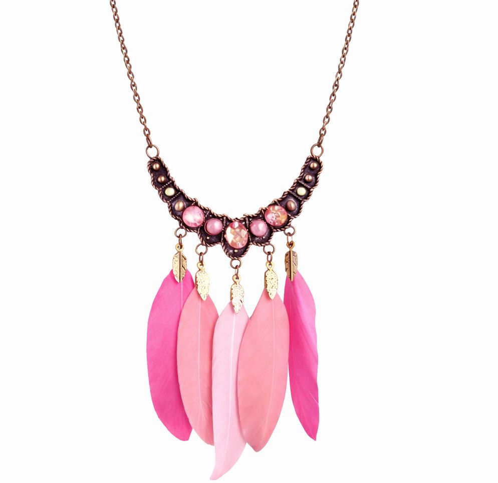 Bright Pink, Rose Pink & Candy Pink Boho Feather Necklace with Bronze Pendant