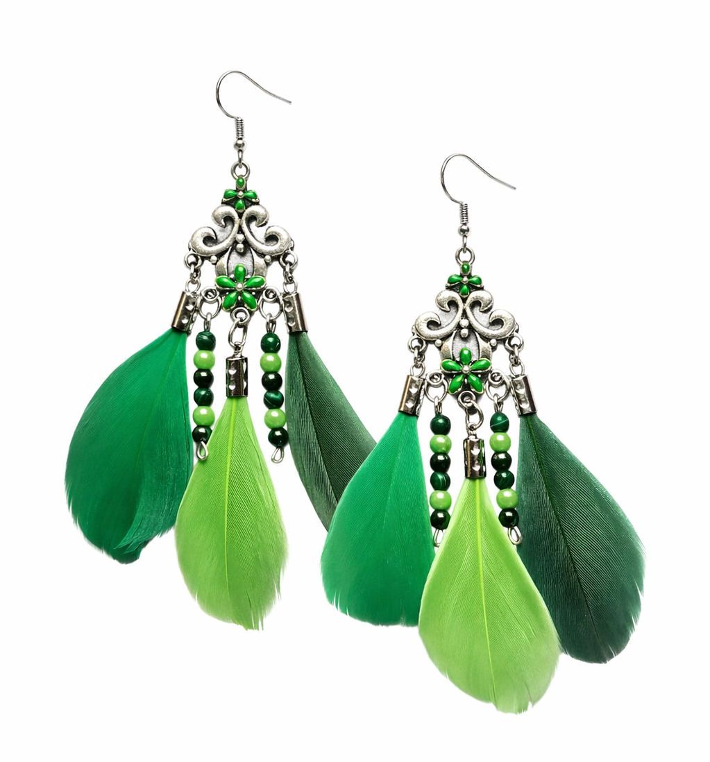 Dark, Lime and Green Feather Drop Earring &ndash; Boho Silver Filigree Design
