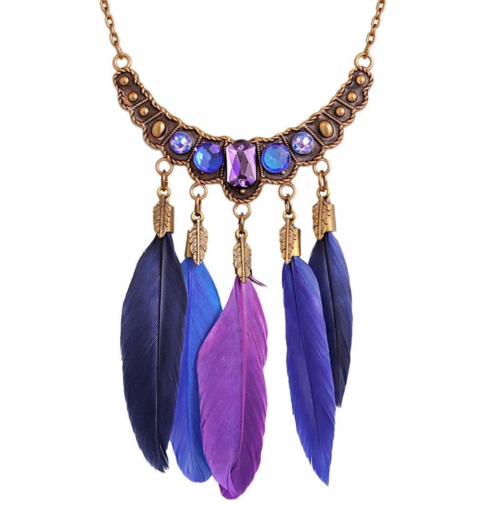 Bronze Crescent Necklace with Blue & Purple Feather Charms