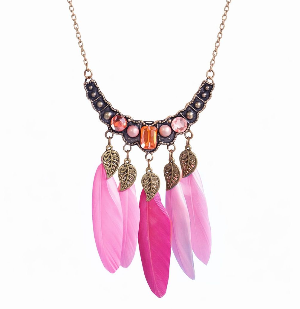 Shocking Pink & Hot Pink Bronze Pendant Boho Feather Necklace